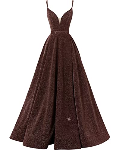 Image of Women's Glittery Spaghetti V-Neck Prom Dresses Long A Line Bridesmaid Dresses Side Split Formal Evening Gowns Brown,US06