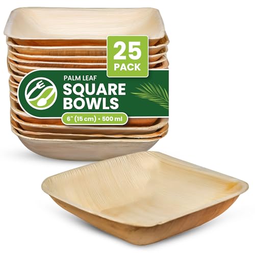 ECO Leaf Disposable Palm Leaf Bowls | Square Compostable Dinner Bowls | Eco-Friendly, Biodegradable Heavy-Duty Bowl for Wedding, Party and Picnic | Microwave & Oven Safe (25, Large 6(15cm))