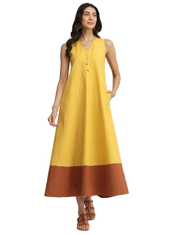 pink fort Casual Cotton Colourblock A-Line Dress | A-Line Fit V-Neck Sleevless Dress-picture-47