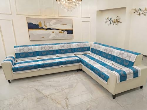 Image of Fab Nation Sofa Cover L Shape 6 Seater with Corner L Type Fully Covered Sofa Set for Living Room | Cotton Sofa Slipcovers for 3 + 3 Seaters Cover with 2 Arms | Turquoise Blue