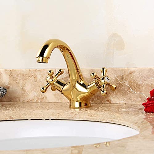 Grifo de lavabo en oro cepillado de latón con doble manija para agua fría y caliente