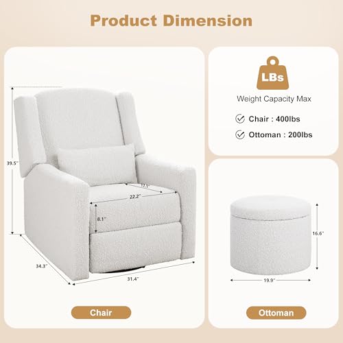 Madaha Power Recliner Chair Swivel Gilder Rocking Chairs Skin-Friendly Power Recliner Nursery Chair for Adults with Waist Pillow, USB Charging (Beige, Only Recliner Chair)