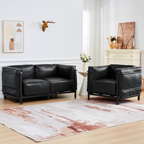 Image of QHITTY Sofa Chair, Mid-Century Modern Upholstered Couch Chair Faux Leather Sofa Couch with Iron Frame and Upholstered Armrest Backrest Cushion for Living Room, Office, Apartment (Black)