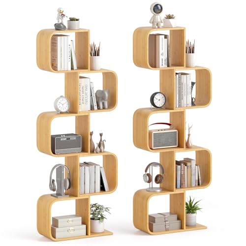 Giantex 5-Tier S-Shaped Bookcase, Bamboo Bookshelf with Open Cubes, Geometric Corner Display Shelf, Decorative Storage Organizer, Floor Storage Rack for Living Room, Home Office, Natural