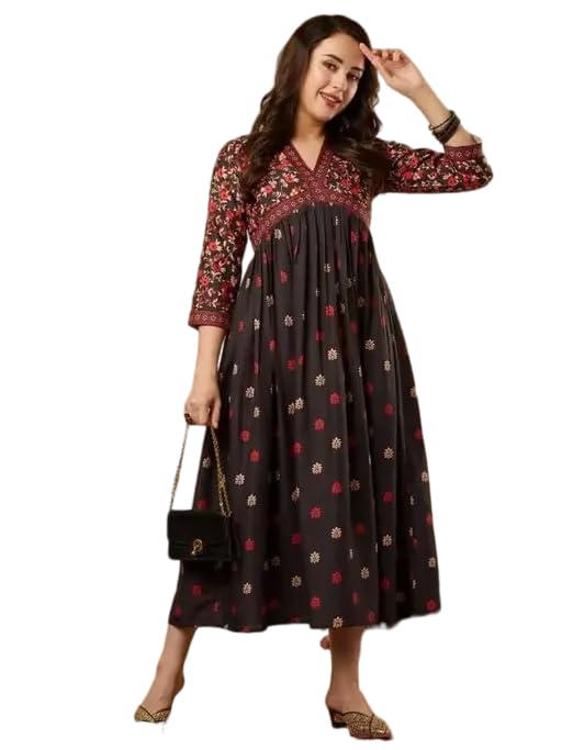 Women's V-Neck Motifs Print Aaliya Cut Brown 3/4th Sleeves Maxi Kurti-picture-13