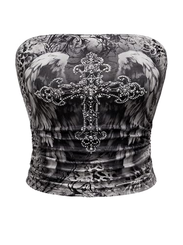 SHENHE Women's Strapless Rhinestone Cross Print Goth Punk Y2k Ruched Crop Tube Top