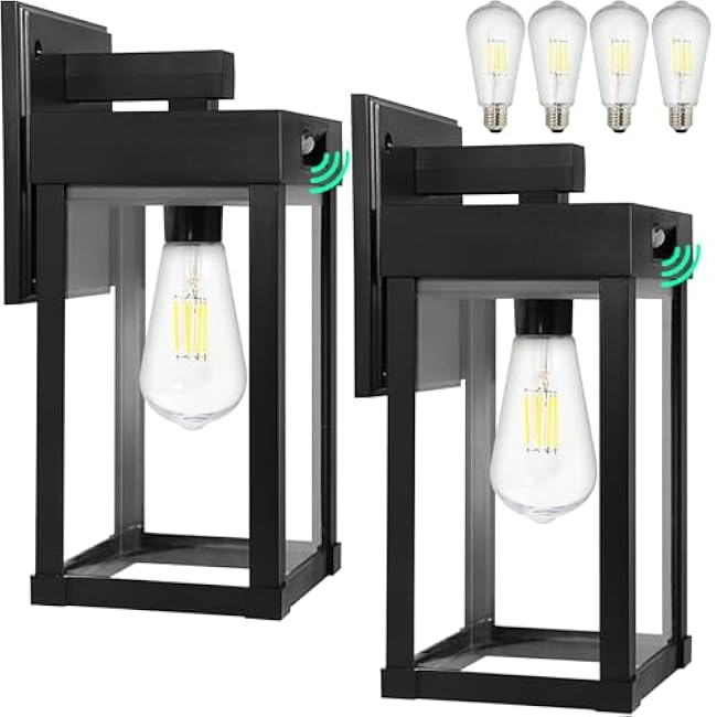Solar Wall Lights Outdoor, Solar Sconce Lantern with 3 Lighting Modes & Motion Sensor, Porch Light Fixture Outside Waterproof with Clear Panel for Garage Yard Front Door Shed (2 Pack)