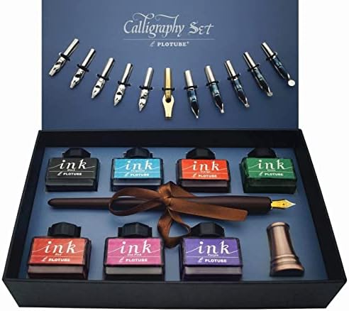 Plotube Calligraphy Pen Set – Includes Wooden Dip Pen, Antique Brass Holder, 11 Nibs, 7 Colors Ink Bottles and Beginner's Manual