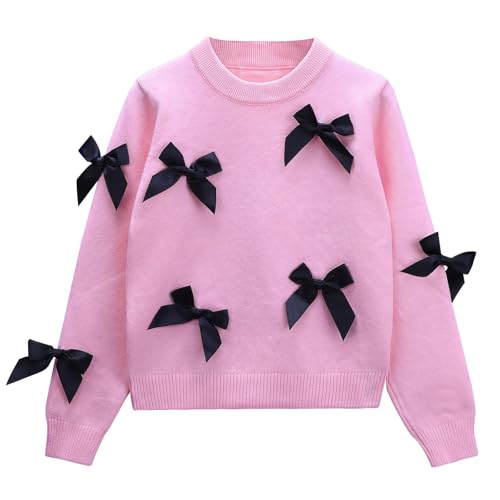 Danny D Girl' s Bow Crew Neck Pullover Sweaters Girl Children Long Sleeve Knitted Sweater