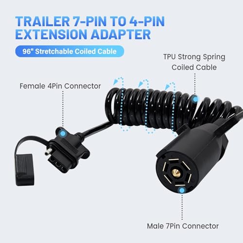 image for MECMO 7 Way Blade to 4 Way Flat Trailer Adapter Coiled Wiring Harness 