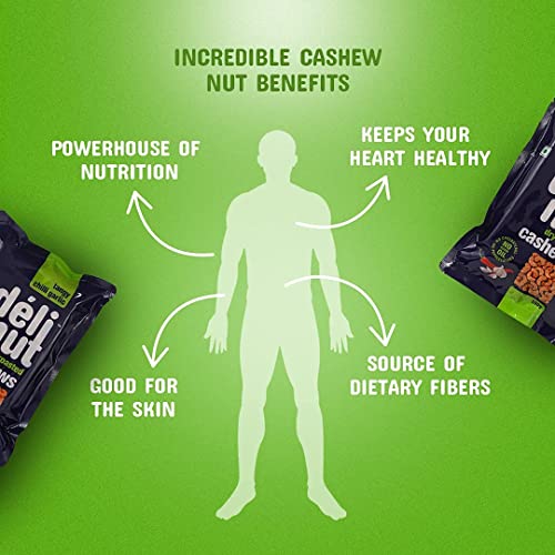 Delinut Tangy Chilli Garlic Dry Roasted Flavoured Cashews/Kaju 500g | Spicy & Crunchy WW240 Whole Cashew Nuts | Tangy Chilli Garlic Flavour | FOST Flavour Lock Technology | Nitrogen Flushed | No Added Oil, Colors or Preservatives.