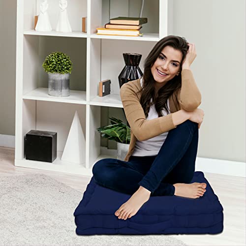 Image of HOME COLORS.IN Cotton Floor Cushion Square Chair Pad Seat Cushion for Living Room, Bedroom, Balcony Seating, Car Seat, Office Chair, Sofa & Meditation - 50x50x10 cm - Navy Blue