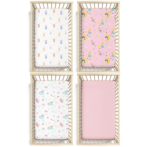 Image of Plushii 4 Pack Fitted Crib Sheets for Baby Girls, 28 inchx 52 inch Extra Soft Microfiber Crib Sheet Set for Standard Crib & Toddler Mattress Pad, Rabbit & Moon & Bunny & Pink