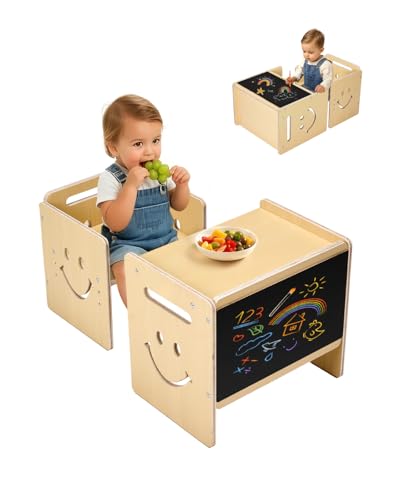 VEVOR Montessori Tisch Stuhlset Kleinkindertischset (mit Tafel) aus Holz für 1–5-Jährige, höhenverstellbarer Kinderstuhl Aktivitätstisch Spieltisch, ideal zum Lesen Essen Spielen – Natur