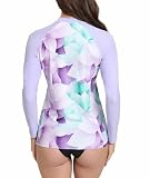 SURFEASY damska koszulka Rash Guard z pełnym zamkiem, długi rękaw, szybkoschnąca ochrona przeciwsłoneczna UPF50+ do surfowania, pływania, modna odzież kąpielowa (Fioletowe liście, M)