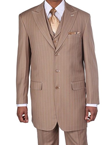 Fortino Landi Pinstripe Design High Fashion Suit With Vest 5903-Tan-46R #TOP3