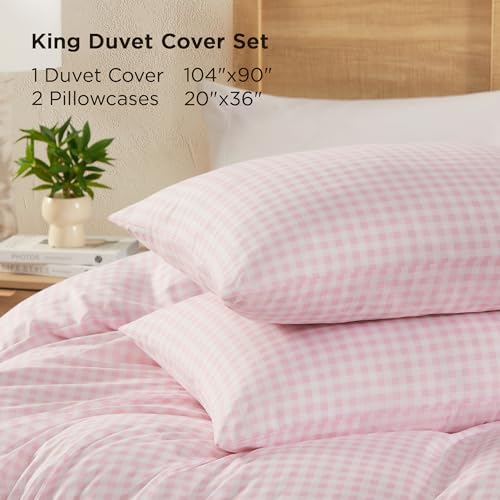 Image of Andency Gingham Duvet Cover King Size, Pink Blush Checkered Plaid Bedding Set, 3 Pieces Soft Prewashed Polyester Comforter Cover with Zipper Closure & Corner Ties