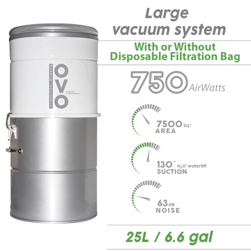 OVO 750 Airwatts Heavy Duty Powerful Central Vacuum System, Hybrid Filtration (with or Without Disposable Bags) 25L or 6.6Gal, 35ft Carpet Deluxe Accessory kit Included