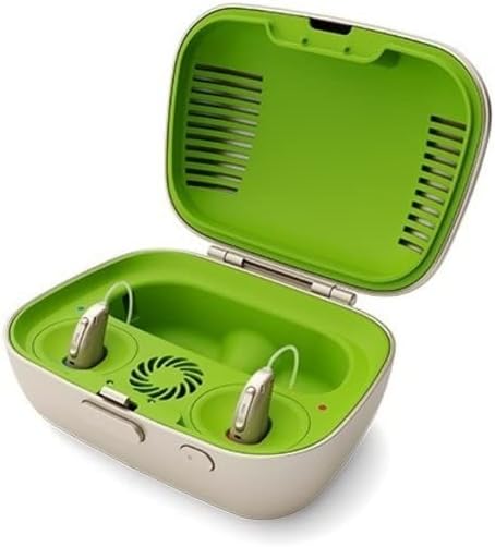 Phonak Charge & Care Charging Station with lid open, showing two hearing aids in charging slots.