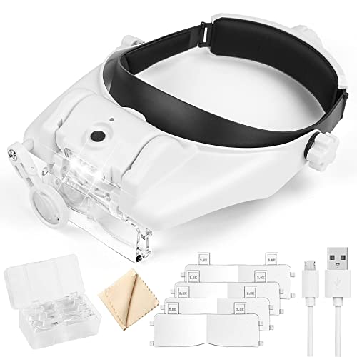 Dilzekui 1.5X to 13.0X Headband Magnifier, Headband Magnifying Glasses with Led Light, Rechargeable Head Magnifying Glasses Visor, Magnifying Glasses for Jewelers Loupe, Crafts, Repair, Close Work