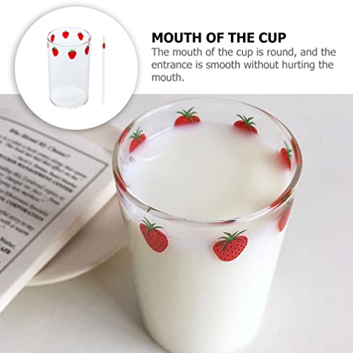 Yardwe 1 conjunto de copo de vidro transparente com estampa de palha e morango, copo para beber suco