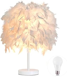 1 Pack Feather Table Lamp Bedside Lamp Feather Bedside Lampshade Table Light White Base with 3W Bulb for Living Room, Bedroom, Bar, Restaurant, Home Decor, S