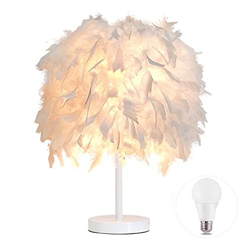 1 paquete de lámpara de mesa de plumas Lámpara de mesilla de noche Lámpara de mesa de luz Base blanca con bombilla de 3W para sala de estar, dormitorio, decoración del hogar, S Cover
