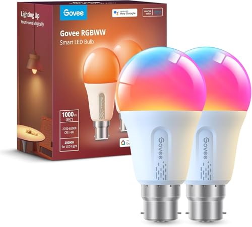 Govee Smart Bulb RGBWW, 1000lm Wi-Fi LED Bulbs B22, Smart Light Dimmable, DIY 16 Million Colors, 64 Dynamic Scenes, Works with Alexa & Google Assistant, 2 Packs