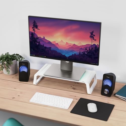 Monta Supporto per Monitor Ergonomico 41 x 22 x 10 cm, Rialzo Monitor da Scrivania in Vetro Temperato, Organizzatore Scrivania per Laptop Computer Notebook PC Portatile Desktop Ufficio - Bianco - Tastiera gaming - Immagine 4