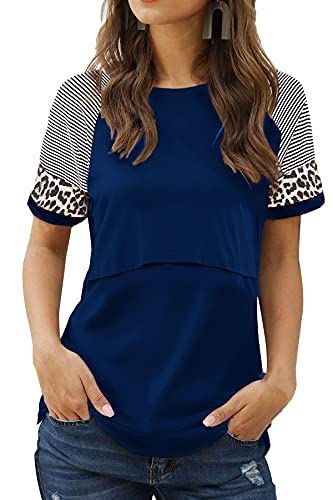 Smallshow Women's Maternity Nursing Top Patchwork Sleeve Breastfeeding Clothes,Navy,M