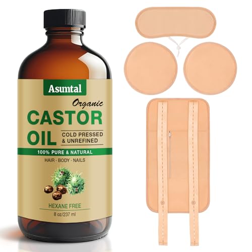 Castor Oil Organic Cold Pressed Unrefined Glass Bottle 8oz, Reusable Castor Oil Pack Wrap 4 Pack, Organic Cotton for Waist Breast Neck