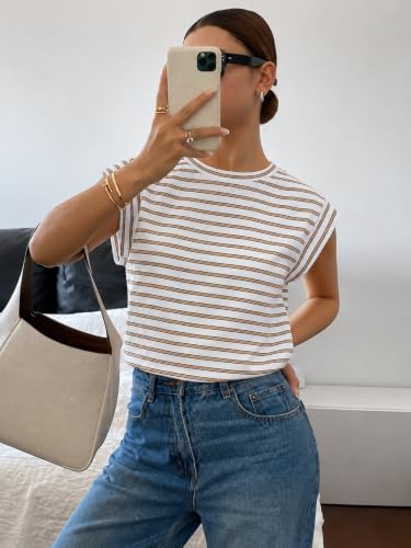 Image of Jawdrobe Women's Striped Western Top Round Neck Cap Sleeve T-Shirt for Women