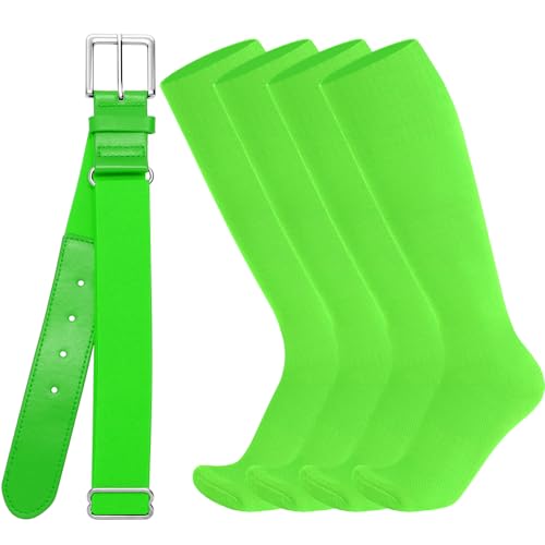SANSTHS Youth Baseball Socks and Belt Combo Toddler Kids Softball Sock and Belt for Boys Men(2 Pairs of Socks & 1 Belt)Neon Green M