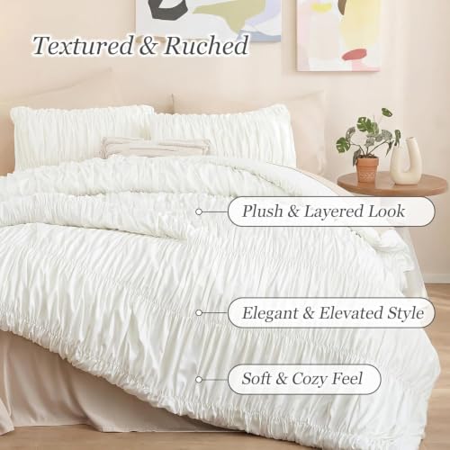Image of weigelia Ruched Comforter Set Twin Size, 3 Piece Cream White Ruffle Bedding Set with 2 Pillowcases, Soft Lightweight Polyester Comforter for Girls Room, Dorm, Boho Bed Set