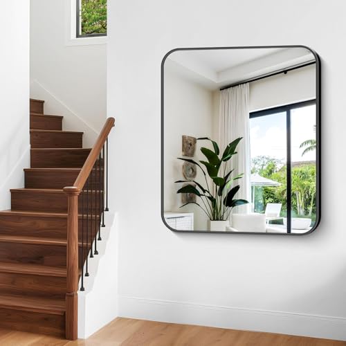 Image of Bathroom Mirror, 40 x 36 inch Black Rectangle Wall Mirror, Metal Frame Rectangular Vanity Mirror, Rounded Corner Wall Mounted Mirror for Modern Bedroom Living Room Hangs Horizontal /Vertical