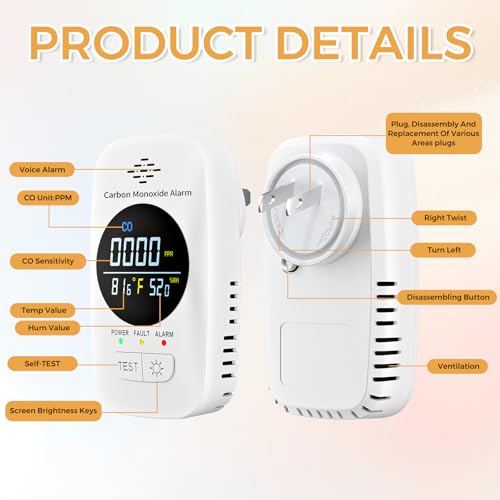 Image of Plug in Carbon Monoxide Detector with Loud Voice Alarm, 3-in-1 CO Alarm Monitor Displays Temperature & Humidity, Adjustable Brightness HD Digital Screen for Home Hotel Office RV Safety, 1 Pack