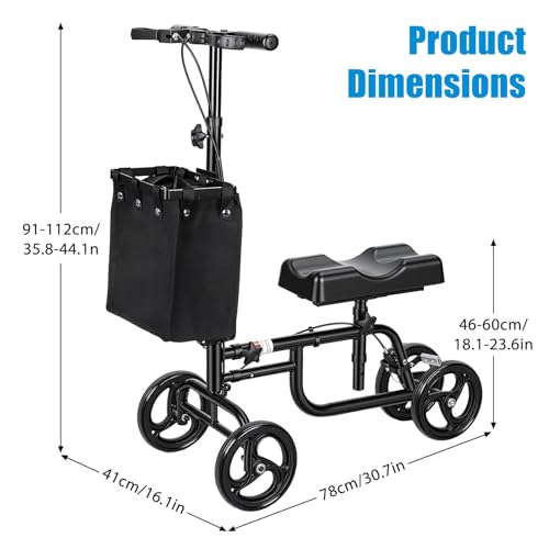 Image of Knee Scooter for Adults Foldable High Carbon Steel Knee Roller Scooter with Shock Absorption & Removable Bag, Adjustable Knee-Scooter for Foot /Ankle Surgery Recovery Black