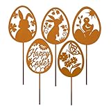 PIujsym 5 Stück Gartenstecker Ostern Set, Rost Optik Ostereier, Osterdeko für Draußen, Osterhase Deko, Gartendeko Metall, Wetterfeste Frühlingsdeko Outdoor, Osterdeko Garten, Deko Ostern