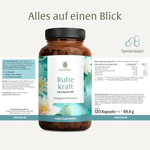 Foto von NATURTREU® Ashwagandha Kapseln hochdosiert - 120 vegane Kapseln - 500 mg Ashwagandha pro Tag - Ashwagandha Komplex mit Rosenwurz-Extrakt - ohne unerwünschte Zusatzstoffe