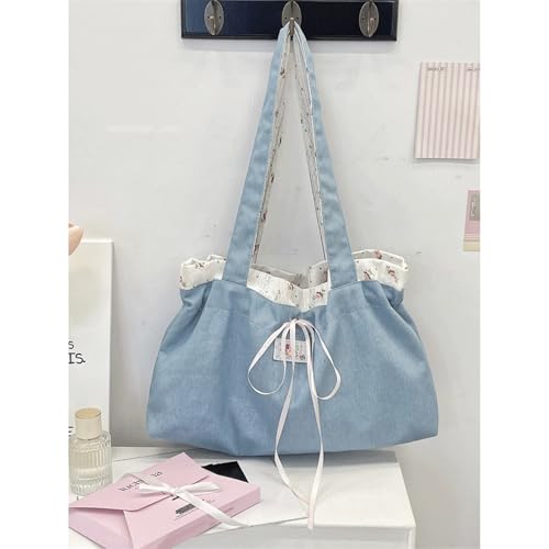 Bow Purse Floral Denim Bow Tote Bag Cute Jean Shoulder Bag with Bowknot Medium Handbag Trendy Gift for Women2