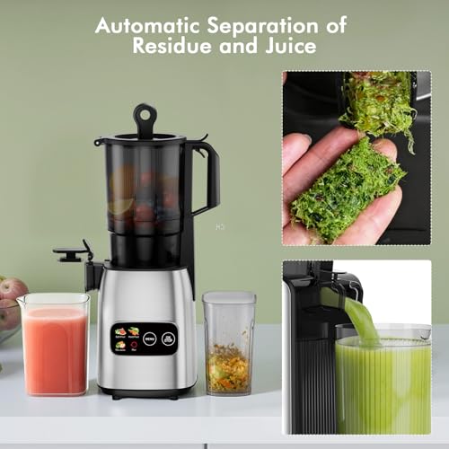 Kismile 300W Cold Press Juicer, 5.4\" Wide Feed Chute, Slow Masticating Juicer Machines Vegetable and Fruit, Electric Juicers Juice Maker with Reverse Function, Stainless Steel Juicer Easy to Clean - Thumbnail 7