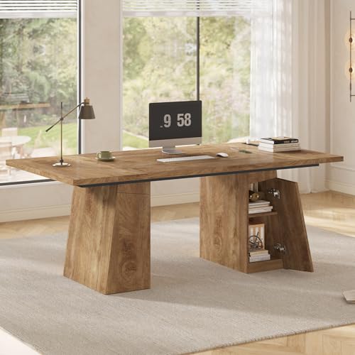UPOSOJA 63 in Executive Desk with Power Outlets, Modern Home Office Desk with Storage Cabinet, Wood Computer Desk Business Workstation Desk Conference Table (Oak)