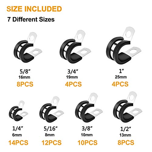 Vigrue 60Pcs Cable Clamps Assortment Kit, 304 Stainless Steel Rubber Cushion P Clamps Wire Clamp In 7 Sizes 1/4" 5/16" 3/8" 1/2" 5/8" 3/4"1'' #TOP1