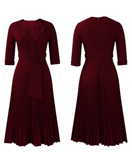 SOMTHRON Women's Elegant 3/4 Sleeve Blazer Dress V Neck Lapel Pleated Business Work Swing Midi Dress with Belt3