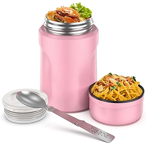 JIM'S STORE Insulated Hot Food Flask with Folding Spoon, 500ml Stainless Steel Vacuum King Food Jar Pink Cover