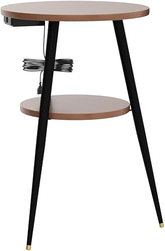 Miniatura 4 de Mesa auxiliar con estación de carga, de madera de nogal de 2 niveles, lado redondo pequeño con almacenamiento para espacios pequeños, mesita de