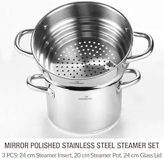 HOMICHEF 3 PCS Whole Food Steamer Set - Nickel Free Stainless Steel Veggie Steamer (24 cm Large Insert With Lid, 20 cm Pot) - Food Steaming Basket
