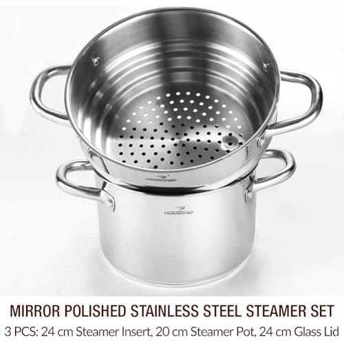 HOMICHEF 3 PCS Whole Food Steamer Set - Nickel Free Stainless Steel Veggie Steamer (24 cm Large Insert With Lid, 20 cm Pot) - Food Steaming Basket - Image 3