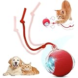 SilveWillo Interactive Electric Automatic Rolling Moving USB Rechargeable Self Activated Play Stimulation Toy Smart Chase Teaser Ball with Speedy Tail Rope for Bored Adult Indoor Cats and Dogs, Red