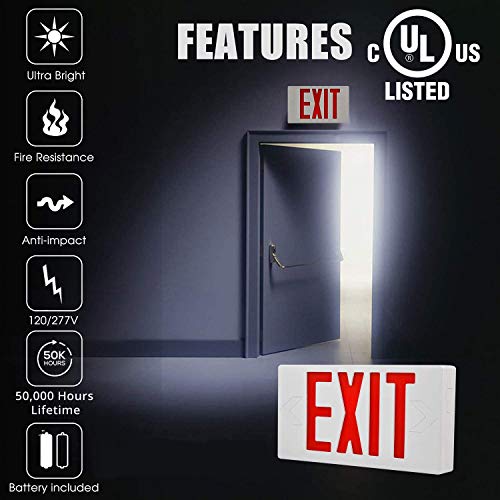 Ostek Red Led Exit Emergency Sign Light - Standard - Battery Backup, Dual Led Lamp Abs Fire Resistance Ul-Listed 120-277V (Red Exit Sign) #TOP6